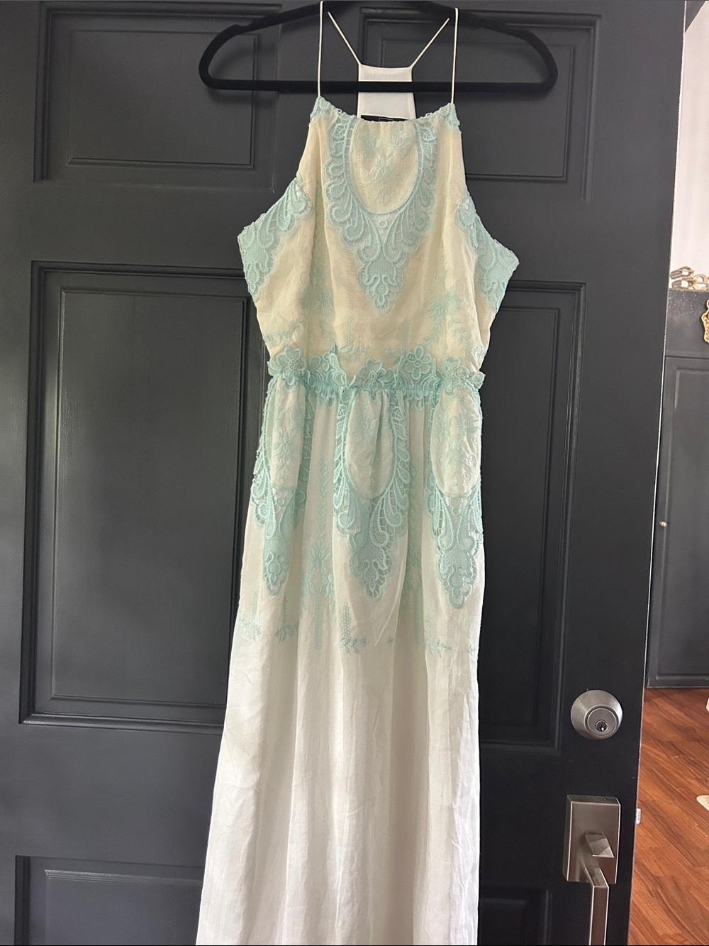 Dolce Vita White Maxi Dress with Light Blue Lace Appliqué
